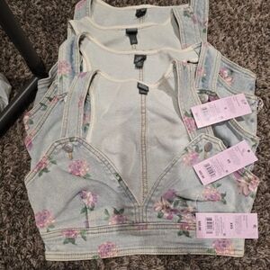 Floral Denim Crop Top with Pink Accents